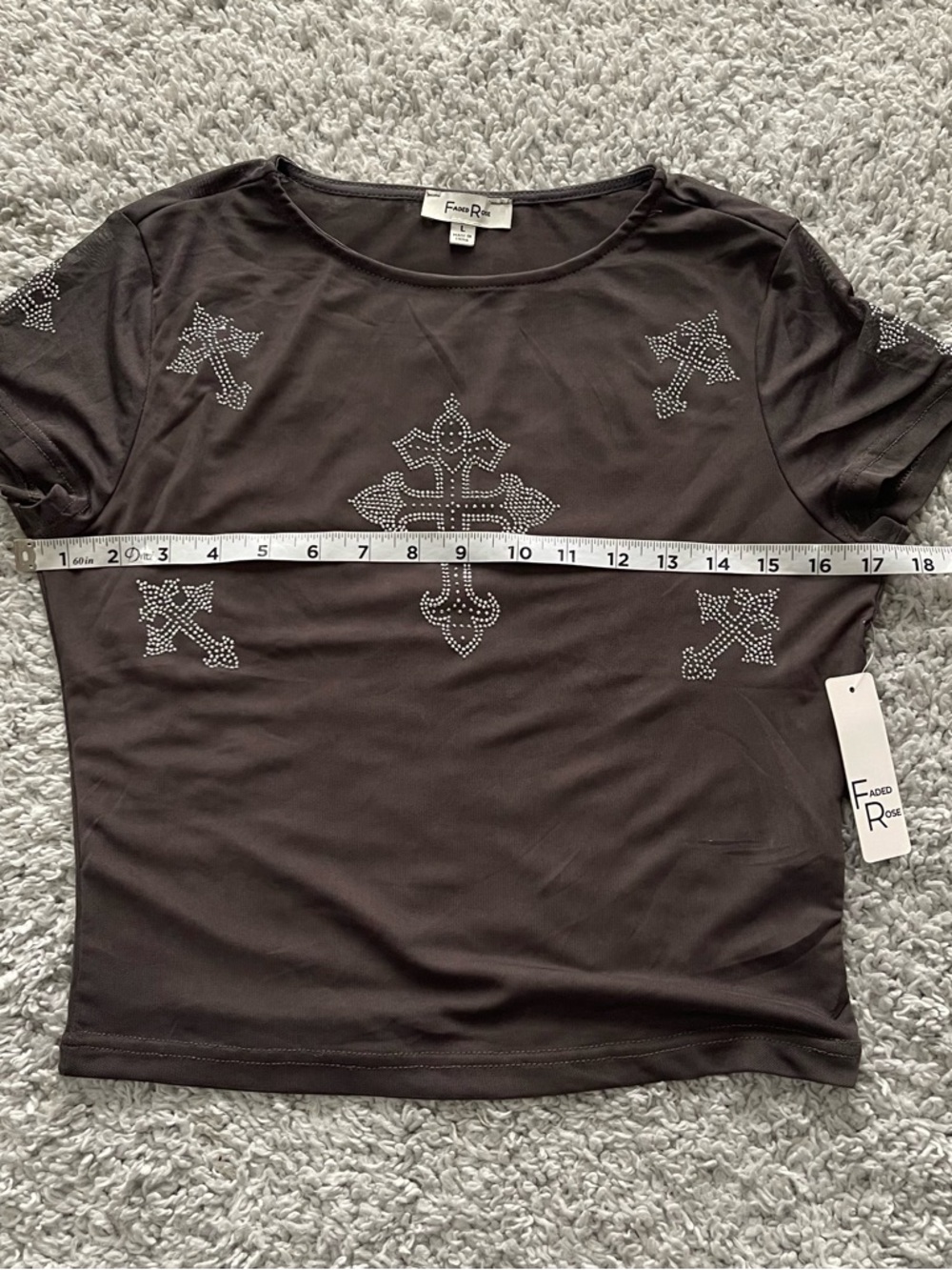 Y2K Grey Rhinestone Cross Mesh Top - Picture 4 of 5